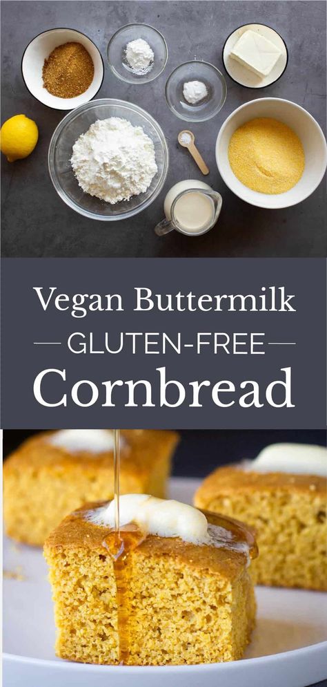 Just the Best Vegan Buttermilk Gluten-Free Cornbread recipe out here, perfect for teatime or serving with Vegan Chili. Super easy to make, one bowl and one baking pan. It's moist and has just the right balance of sweetness and savory notes. #vegancornbread #glutenfreecornbread #cornbreadfed #cornbread | cornmeal, Thanksgiving Gluten Free Vegan Cornbread, Vegan Cornbread Muffins, Homemade Baking Powder, Gluten Free Cornbread Recipe, Quick Vegan Dinner Recipes, Vegan Buttermilk, Vegan Cornbread, Gluten Free Cornbread, Vegan Thanksgiving Recipes