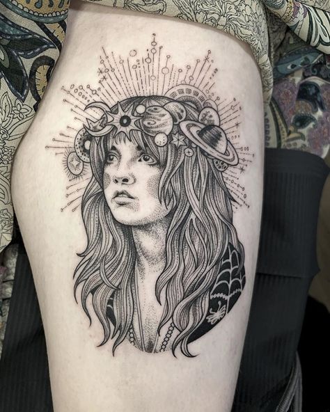 Suflanda on Instagram: “Thunder only happens when it's rainin' Players only love you when they're playin' Say women, they will come and they will go When the rain…” Celestial Tattoo, Engraving Tattoo, Tarot Tattoo, Line Work Tattoo, Big Tattoo, Tattoo Portfolio, Tattoo Project, Blackwork Tattoo, Stevie Nicks