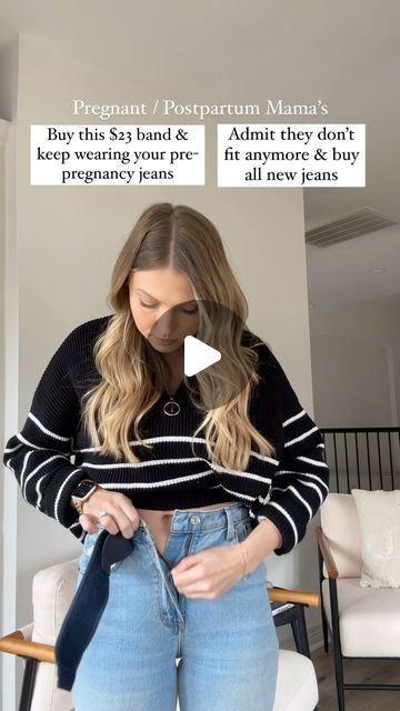 Cheyenne Cavazos on Instagram: "My viral pregnancy/postpartum hack 🤍 comment “A39” for details sent straight to your inbox!   I wore this band with my jeans my ENTIRE pregnancy! It has also been super helpful in still wearing a few of my favorite jeans postpartum." How To Style Maternity Jeans, Postpartum Jeans, Jeans Pregnancy Outfit, Pregnancy Jeans Outfits, Pregnancy Jeans, Pregnant Pants Hack, Pregnancy Jeans Hack, High Rise Jeans Pregnant, How To Wear Regular Jeans While Pregnant