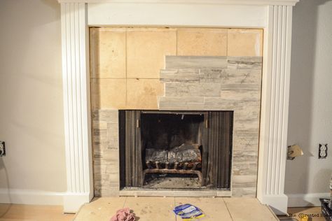 Updating Fireplace, Fireplace Tiling, Small Fireplaces, Tile Around Fireplace, Tiling Projects, Tile Over Tile, Fireplace Backsplash, How To Tile, Fireplace Update