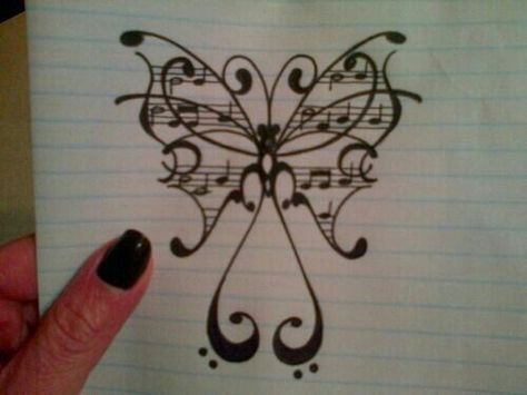 Butterfly and music tattoo idea Butterfly Music, Jagua Henna, Tattoo Butterfly, Music Tattoo Designs, Note Tattoo, Music Drawings, Music Tattoo, Music Tattoos, Butterfly Drawing