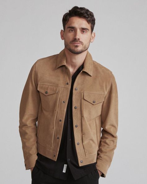 Suede Trucker Jacket | Men Coats & Jackets | rag & bone Trucker Jacket Outfit, Suede Trucker Jacket, Trucker Jacket Men, Hoodie Outfit Men, Slim Fit Coat, Suede Shorts, Denim Jacket Outfit, Beige Jacket, Faux Suede Jacket