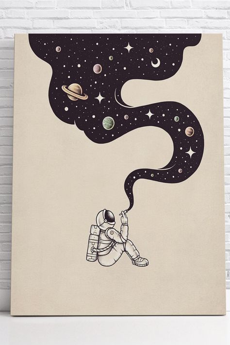 This image showcases a canvas print of a cartoon-like astronaut floating in space, holding onto a black and white striped rope that transforms into a night sky with planets and stars. The painting is set against a wooden wall with a potted plant to the right, and the floor is made of wooden planks. This mockup presentation is part of an ongoing sales effort to promote a canvas print collection on Pinterest. Cosmic Astronaut, Tattoo Learning, Space Installation, Vinyl Paintings, Astronaut Art, The Astronaut, Easy Canvas, Cosmic Art, Planets Art