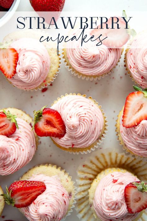 These strawberry cupcakes with cream cheese frosting feature a soft vanilla cake base studded with juicy fresh strawberry chunks and frosted in a strawberry cream cheese frosting. Strawberry Cupcakes With Cream Cheese, Strawberry Cream Cheese Icing, Soft Vanilla Cake, Strawberry Frosting Recipes, Creme Cupcake, Cream Filled Cupcakes, Strawberry Cupcake Recipes, Strawberry Shortcake Cookies, Cream Cheese Cupcakes