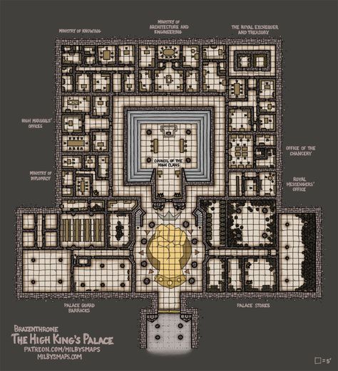 Brazenthrone – The High King’s Palace – Ground Level – Milby's Maps Dwarven City, Fantasy Dungeon, Building Map, Small Castles, Fantasy World Map, Tabletop Rpg Maps, Rpg Maps, Forgotten Realms, Ground Level