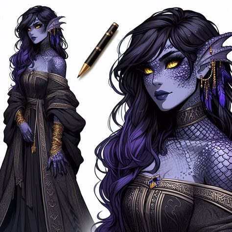 Purple Dnd Character, Blue Dragonborn Female, Dnd Siren Character Art, Sea Serpent Oc, Siren Dnd Character, Sapphire Dragonborn, Female Alien Oc, Purple Dragonborn, Dnd Siren