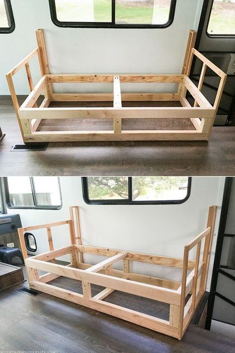 Looking to build a custom seating inside your RV or camper? Come see how we created a custom RV sofa with additional storage space! MountainModernLife.com How To Replace An Rv Roof, Cool Camper Ideas, Custom Rv Interior, Camper Sleeping Ideas, Rv Daybed, Rv Cushions, Rv Sofa Bed, Rv Diy, Motorhome Living