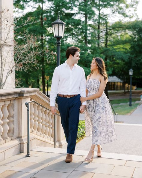 Summer engagement photos ☀️ These two high school sweethearts made this engagement session the best, strolling through UofA campus and sunset at a lakeside dock. I loved getting to hear about their story, laugh, and the light was just perfect! I also now need to buy Gabby’s blue dress because hello 😍🩵 #arkansasbride #arkansasengagement Arkansas wedding photographer, engagement photos, Arkansas engagement photos, lakeside engagements Campus Engagement Photos, Light Engagement Photos, University Of Scranton, Garden Engagement, Summer Engagement Photos, Arkansas Wedding, Engagement Photos Fall, Their Story, High School Sweethearts