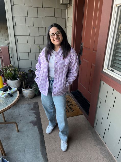 Dad jeans, reebok c85, checker jacket, lavender jacket Purple Jean Jacket Outfit, Lavender Jacket Outfit, Purple Jacket Outfit, Lavender Jacket, Jean Jacket Outfits, Checkered Jacket, Purple Jeans, Dad Jeans, Purple Jacket