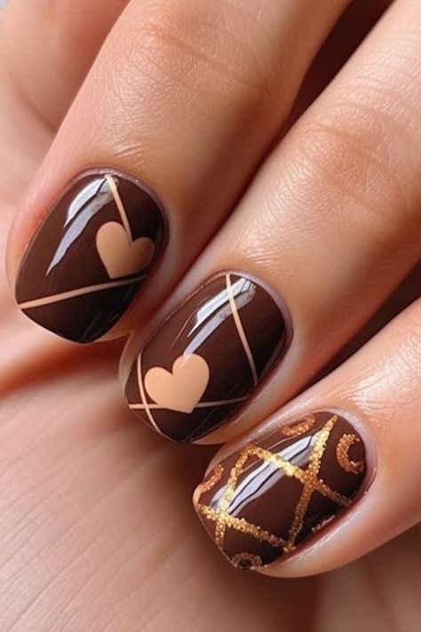 Pretty Winter Nails 2023-2024: 17 Stunning Ideas - thepinkgoose.com Pink And Brown Valentine Nails, Valentines Nails Brown, Brown Nude Nails, Pretty Winter Nails, Classy Nail Art Ideas, Brown Heart, Brown Nails Design, St Patricks Day Nails, Winter Nail Ideas