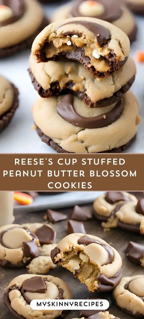 Experience the ultimate peanut butter-chocolate combo with Reese's Cup Stuffed Peanut Butter Blossom Cookies! 🍪🍫 Creamy peanut butter cookies meet mini Reese's Cups for a decadent treat. Perfect for satisfying sweet cravings! #reesesstuffedcookies #peanutbutterblossoms #bakinginspiration #myskinnyrecipes Chocolate Stuffed Peanut Butter Cookies, Stuffed Brownie Cups, Cookie With Peanut Butter Cup, Peanut Brownie Cookies, Reeses Stuffed Cookie, Christmas Cookies With Reese Cups, Award Winning Cookies Christmas, Peanut Butter Cup Stuffed Cookies, Reese’s Peanut Butter Recipes