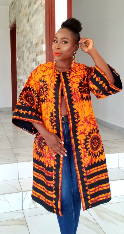 African Coats Jackets, African Kimono Outfit, Kimono Fashion Ankara, African Jackets For Women, Ankara Kimono Style, Ankara Kimono Jacket, African Jacket, African Print Jacket, African Kimono