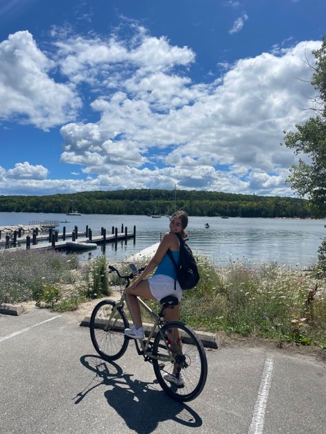 summer, bike ride, pose, lululemon shorts, water, dock, door county, wisconsin, peninsula Door County Aesthetic, Door County Wisconsin Summer, Summer Bike Ride, Wisconsin Summer, Vacation 2024, Door County Wi, Summer Bike, Door County Wisconsin, Door County