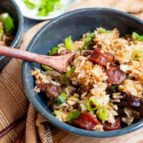 Chinese Sausage Rice with Mushrooms - The Floured Camera Authentic Asian Dishes, Rice With Mushrooms, Mushroom Rice Recipes, Asian Ingredients, Easy Korean Recipes, Sausage Rice, Noodles Recipes, Chinese Sausage, Mushroom Rice