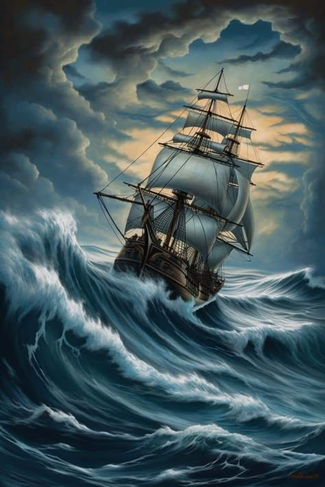 Ghost Ship Art, Pirate Ship Art, Navi A Vela, Sea Storm, Sailing Art, Old Sailing Ships, Ship Artwork, Ship Tattoo, Ghost Ship