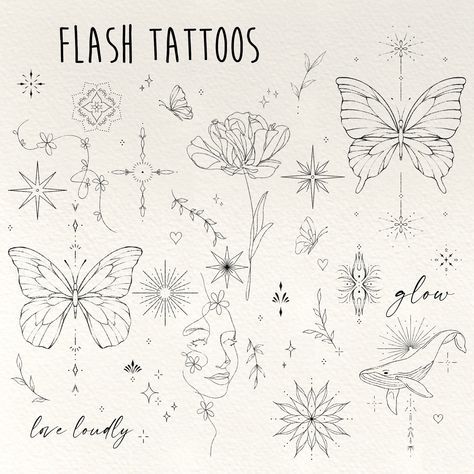 Spiritual Tattoo Flash Sheet, Dainty Tattoo Flash Sheet, Self Validation Tattoo, Small Tattoo Sheet, Tattoo Ideas Female Ribcage, Dainty Earthy Tattoos, Tattoo Sheets Ideas, Fine Art Tattoo Ideas, Butterfly Flash Sheet