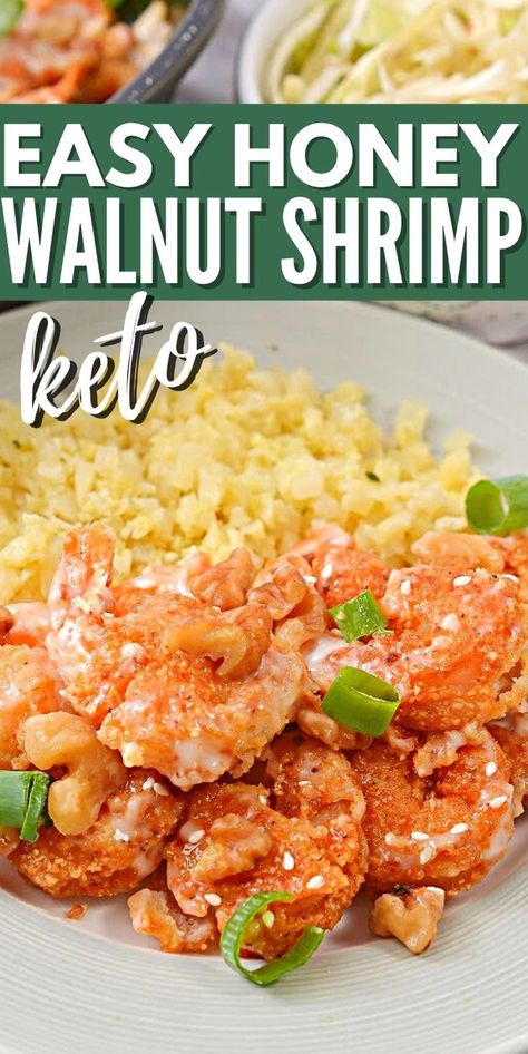 Easy Keto Honey Walnut Shrimp - This keto honey walnut shrimp is covered in a sugar-free honey sauce and crunchy walnuts. The perfect takeout alternative that's ready in less than 30 minutes! #keto #Ketorecipes #Ketodiet #Ketohoneywalnutshrimp #honeywalnutshrimp #shrimprecipes #seafood #dinnerideas #food #recipes Walnut Chicken Chinese, Keto Honey, Low Carb Shrimp Recipes, Honey Shrimp, Low Carb Chicken Casserole, Walnut Chicken, Keto Shrimp Recipes, Keto Pork Chops, Walnut Shrimp