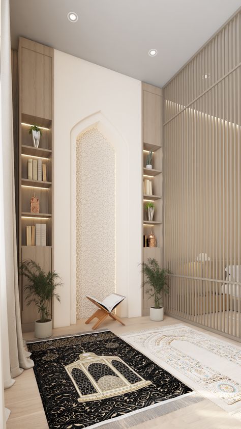 Master Bedroom Design With Prayer Corner Islamic Corner Design, Islam Room Decor, Small Prayer Room Ideas Muslim, Pray Corner Ideas Islam, Muslim Prayer Room Ideas At Home, Bedroom With Balcony Design, Prayer Corner Muslim, Islamic Prayer Room, Prayer Corner Ideas Bedrooms