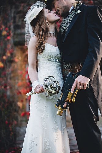 i love how she is in a timeless dress, but with accessories and him, it fits the theme perfectly! Steam Punk Wedding, Steampunk Wedding Decorations, Steampunk Wedding Themes, Victorian Steampunk Wedding, Steampunk Wedding Dress, Punk Wedding, Steampunk Stuff, Steampunk Wedding, Victorian Wedding