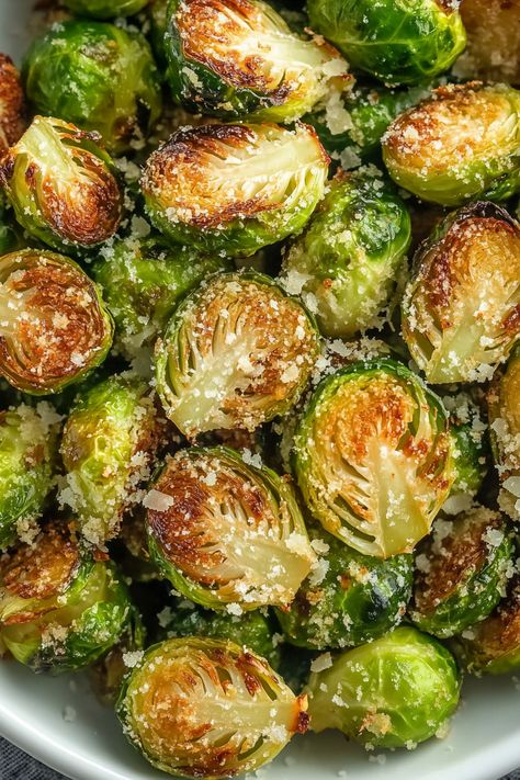 Crispy Garlic Parmesan Brussels Sprouts - An Organized Chaos Dressing For Brussel Sprouts, Garlic Parmesan Brussel Sprout Recipes, How To Cook Brussel Sprouts In Air Fryer, Great Veggie Sides, Over Roasted Brussel Sprouts, Parmesan Garlic Brussel Sprouts, Garlic Parmesan Brussels Sprouts, Fresh Brussels Sprouts Recipes, Recipes For Sprouts