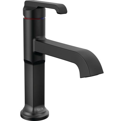 Delta 589-BLLPU-DST Tetra 1.2 GPM Single Hole Bathroom | Build.com Mountain Modern Interior, Bathroom Faucets Black, Appliance Hardware, Black Bathroom Faucet, Ski Condo, Navigation Design, Bath Collection, Single Handle Bathroom Faucet, Hard Water Stains