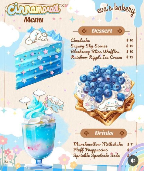 Cinnamoroll Food Recipes, Food Menu Drawing, Sanrio Recipes, Sanrio Drinks, Cinnamoroll Food, Sanrio Food, Desserts Drawing, Kutek Disney, Homemade Cookbook