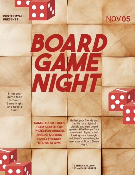 Brown 3d Board Game Night Flyer (us Letter) | PosterMyWall Game Night Poster Design, Game Night Movie Poster, Board Game Poster Design, Trivia Night Poster Design, Boardgame Poster Design, Event Poster Template, Linkedin Background Image, Nightclub Party, Board Game Night