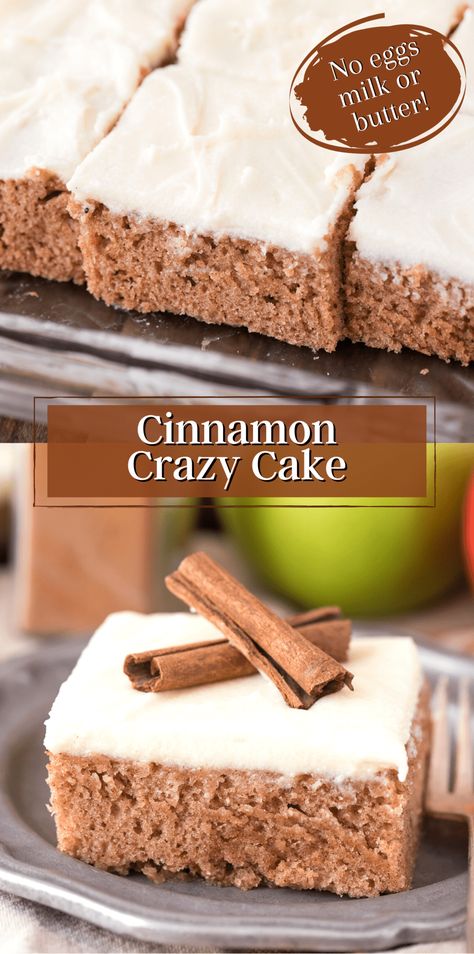 This cinnamon spice crazy cake is an amazing fall cake recipe! Also called a wacky cake, this cake is made without eggs, milk or butter. This is our family’s favorite fall cinnamon cake because it’s so easy to make! #spicecake #crazycake #wackycake #fallcake Cinnamon Wacky Cake, Cinnamon Crazy Cake, Crazy Wacky Cake Recipes, Cake Without Milk Recipes, Easy Dessert Recipes Without Eggs, No Butter Cake Recipe, Deserts Recipes Without Butter, Cake Recipes Without Butter, Dessert Without Butter