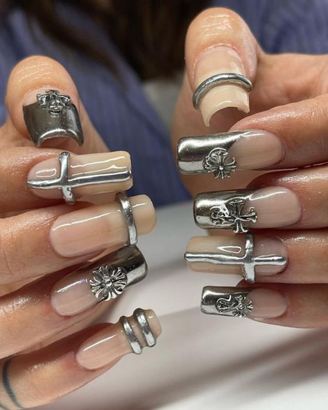 Ig Nails, Instagram Concept, Cross Nails, Punk Nails, Old Pinterest, Silver Nail, Nail Ring, Silver Nails, Heart Nails