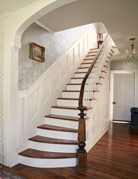 A Young Couple Tackles a Forgotten Italianate - This Old House Farmhouse Reno, Tall Fireplace, Beadboard Wainscoting, House Staircase, Staircase Makeover, Home Remodeling Diy, Newel Posts, Southern Homes, Entry Hallway