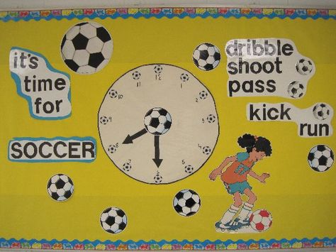 It's time for soccer Image Soccer Classroom Theme, Soccer Themed Bulletin Boards, Soccer Theme Classroom Door, Physical Education Bulletin Boards Gym, Gym Bulletin Board Ideas Physical Education, Pe Bulletin Boards, Soccer Images, Sports Classroom, Sports Theme Classroom