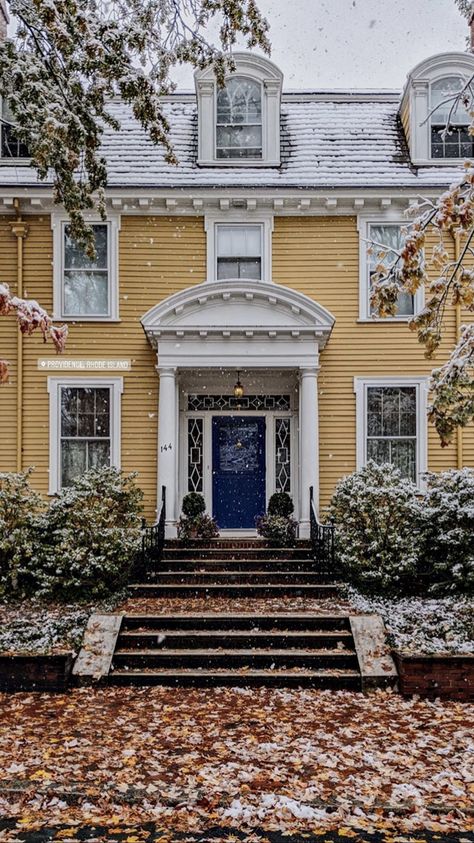 Historic Yellow House Exterior, House Colors Exterior Yellow, Mustard Yellow House Exterior, Front Steps Stone, Yellow House Exterior, Siding Colors For Houses, Yellow Exterior, Victorian Homes Exterior, Red Shutters