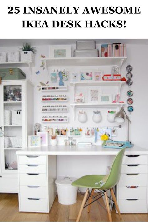 Easy IKEA Desk Hacks For Home Offices, Work Spaces And Craft Room Organization Ikea Craft Desk, Study Table Ikea, Creative Study Table, Cheap Ikea Desk, Ikea Desk Top, Ikea Kids Desk, Ikea Corner Desk, Nordli Ikea, Computer Craft