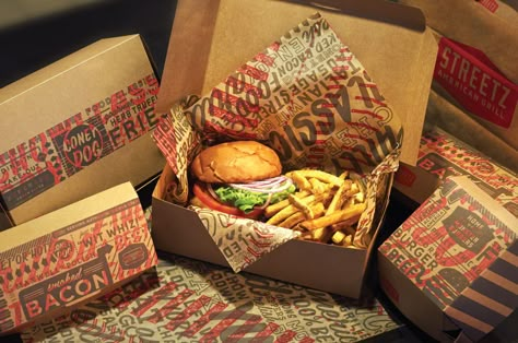 Streetz American Grill | Cue | A Brand Design Company designcue.com American Street Food, Burger Delivery, Burger Packaging, Takeaway Packaging, Burger Box, Restaurant Identity, Food Box Packaging, Food Truck Business, Grill Restaurant