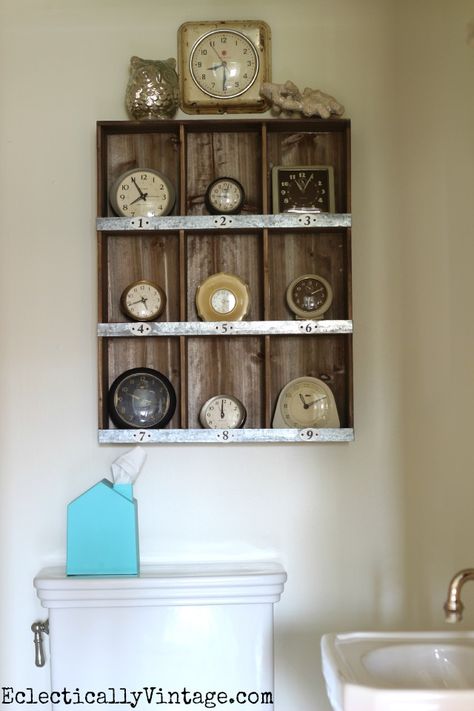 Love these rustic cubbies filled with this fun vintage clock collection kellyelko.com Collection Display Ideas, Homegoods Finds, Shabby Chic Armchair, Eclectic Vintage Decor, Antique Booth Displays, Louis Xvi Furniture, Clock Collection, Old Clock, French Arm Chair