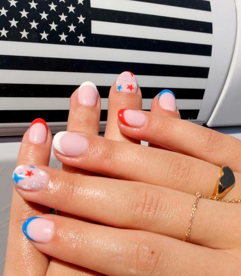 First July 4th nails of the season 😍 Soriée rubber base: @esvynails Blue & Red liner gel: @thepainteddesert White Liner gel: @beetlesgelpolish White Liners, July 4th, Nails, Red