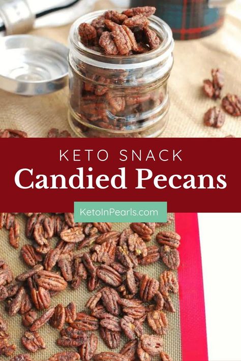 With a sweet cinnamon coating, these Keto Candied Pecans are sure to be your favorite treat anytime! Enjoy them solo for a snack, put them on top of salads, use them to top keto ice cream, the possibilities are endless. Keto Glazed Pecans, Keto Candied Pecans, Keto Apps, Crockpot Little Smokies, Low Carb Treat, Pecan Bites, Candied Pecans Recipe, Low Carb Candy, Healthy Low Carb Snacks