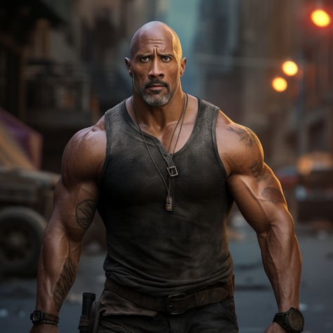 ultra-detailed hyper-realistic digital painting of dwayne johnson in a black singlet on the sidewalk, with impeccable attention to textures, surfaces, and lighting to give depth, dimension, and photoreal look. Black Singlet, The Rock Dwayne Johnson, Dwayne Johnson, The Rock, A Black, Digital Painting, Wwe, Goats, Leadership