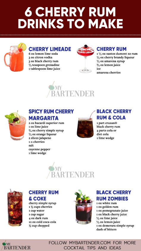 Cherry Rum Drinks To Make Daquiri Recipe Cherry, Cherry Rum Cocktails, Black Cherry Rum Drinks Recipes, Cherry Alcoholic Drinks, Cherry Drinks Alcoholic, Cherry Juice Cocktail, Cherry Vodka Drinks, Cherry Cocktail Recipes, Cherry Mojito