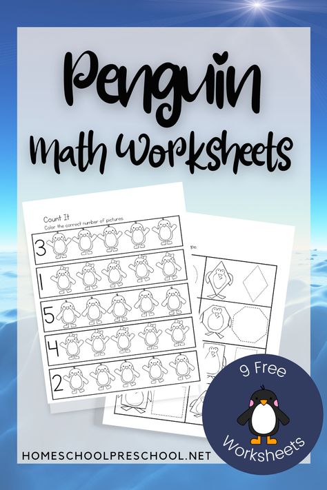 These penguin math worksheets are a great way to have preschoolers practice counting, color words, and shapes this winter. #preschoolmath #mathworksheets #penguinactivities #homeschoolprek Math Worksheets For Preschoolers, Preschool Penguin Activities, Prek Themes, Penguin Math, Pre-k Writing, Math Worksheets For Kids, Learning Folder, Playful Penguins, Preschool Patterns