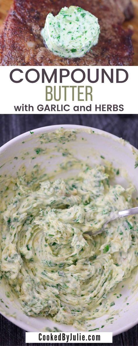 This compound butter with garlic and herbs is made with roasted garlic, fresh herbs, and lemon zest. This butter is perfect on top of fish, steak, chicken, corn on the cobb, vegetables, and bread or rolls, making it one of the most versatile recipes in your repertoire. The best part is, any compound butter is totally customizable. You can make it sweet, savory, or spicy as you like. Roasted Garlic And Herb Butter, Butter For Steak, Garlic Compound Butter, Herb Compound Butter, Pancakes Strawberry, Curry With Spinach, Soft Scrambled Eggs, Butter Ideas, Breakfast Egg Muffins