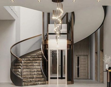 (1) Facebook Stair With Elevator Design, Lift House Design, Stairs And Elevator Design, Staircase With Lift, Staircase Design Round, Round Staircase Design, Staircase With Landing, Stairs Minimalist, Round Staircase