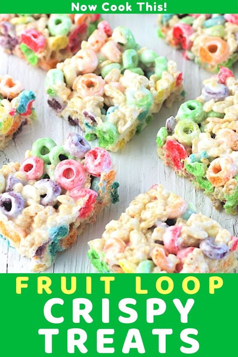 These Fruit Loop Crispy Treats are cereal bars made with Froot Loops, Rice Krispies, butter and marshmallows and are a quick and easy, fun, fruity, colorful, and super delicious no-bake dessert. Everyone is going to love these (not just the kids)! Get the recipe and give them a try! #fruitloopcrispytreats #fruitlooptreats #ricekrispietreats #nobakedessert Fruit Loop Treats, Dessert Rice, Fruit Loops Cereal, Reese's Puffs, Gummies Recipe, Fruity Treats, Rice Krispies Treats, Marshmallow Treats, Cereal Treats