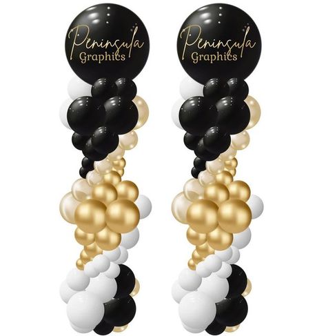 Organic Balloon Columns Ideas, Black And White Balloon Columns, Black And Silver Balloon Columns, Column Balloon Design, Black Gold Silver Balloon Columns, Balloon Columns Ideas, Balloons Columns, 3 Color Spiral Balloon Column, Ballon Column