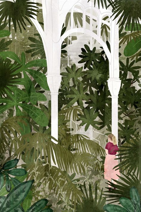 Lara Paulessen on Behance Glass House Garden, Illustrated Ladies, Garden Illustration, Garden Drawing, Flower Garden Design, Forest Illustration, Landscape Paintings Acrylic, Beautiful Flowers Garden, Plant Drawing