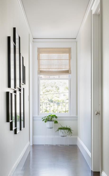 Hallway Photo Wall, Plant Nook, Transitional Hallway, Wall Trim Molding, End Of Hallway, Nook Inspiration, Barnwood Floors, White Hallway, Hallway Walls