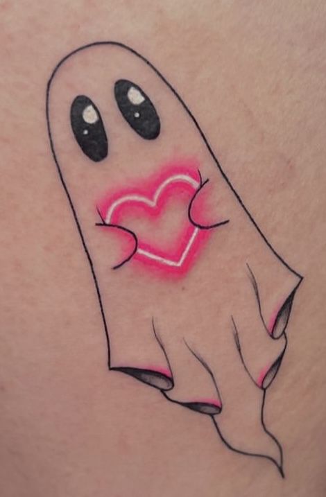 Neon Ghost Tattoo, Tattoos That Look Like Stickers, Small Lovers Tattoo, Honeycomb Hand Tattoo, Halloween Heart Tattoo, Spooky Forearm Tattoo, Ghost Heart Tattoo, Small Tattoos Skull, 90s Inspired Tattoos