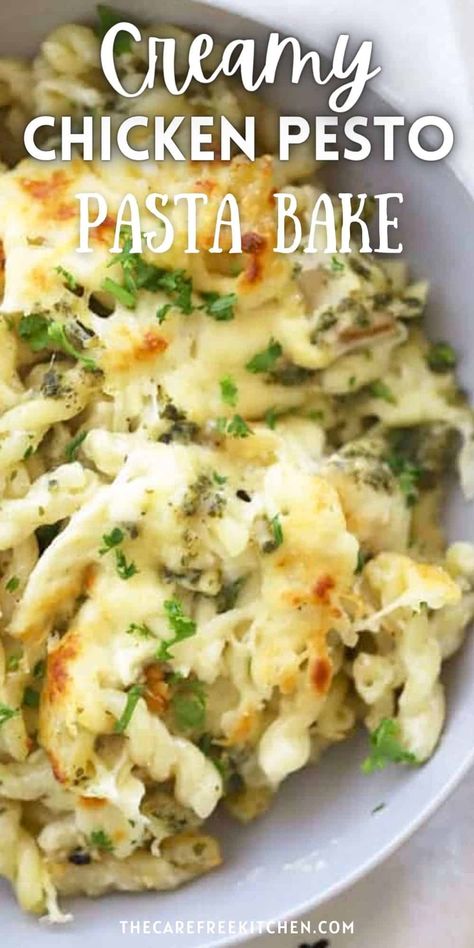 This Chicken Pesto Pasta combines our creamy homemade alfredo sauce with fresh pesto, cooked chicken, pasta and cheese for a hearty meal that your family and friends will love. Best of all, it takes just 30 minutes to make, can be made in advance and is super easy to adapt. #thecarefreekitchen #pasta #pastabake #dinner #30min #chicken #easy #freezermeal #pesto #alfredo Chicken Broccoli Pesto Pasta Bake, Creamy Pesto Chicken Pasta Recipes, One Pan Creamy Pesto Chicken And Broccoli Pasta Bake, Creamy Pesto Chicken And Broccoli Bake, Pesto Chicken Recipes Pasta, Cheesy Pesto Chicken Bake, Chicken Pesto Ricotta Pasta, Pesto Chicken Pasta Casserole, Chicken Alfredo Pesto Pasta