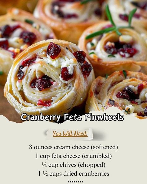 Cranberry and Feta Wraps\n8 oz cream cheese\n1 cup feta crumbled\n1 cup chives chopped\n1 cup cranberries dried\n4 10 inch flour tortillas\nBeat softened cream cheese, mix in feta, chives and cranberries. Spread on tortillas, refrigerate for 1 hour. Cut into slices.\n#FetaAdventures #PinwheelInspo Cranberry Feta Pinwheels Recipe, Cranberry Feta Pinwheels, Feta Pinwheels, Dried Cranberries Recipes, Pinwheels Recipe, Cranberry Cream Cheese, Christmas Recipes Appetizers, Ladies Lunch, Thanksgiving Cooking