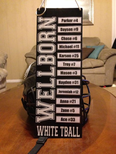 Tball lineup metal sign from hobby lobby, names laminated and attached to magnets. Change as needed. Dugout Lineup Ideas, Softball Lineup Board, Baseball Lineup Board Diy, Softball Lineup Board Diy, Softball Organization, Dugout Organization, Baseball Lineup, Baseball Dugout, Travel Ball